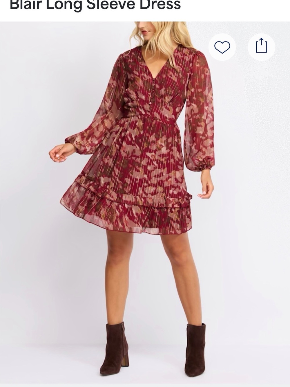 Blair Long Sleeve Ruffled V-Neck Dress - Burgundy Print